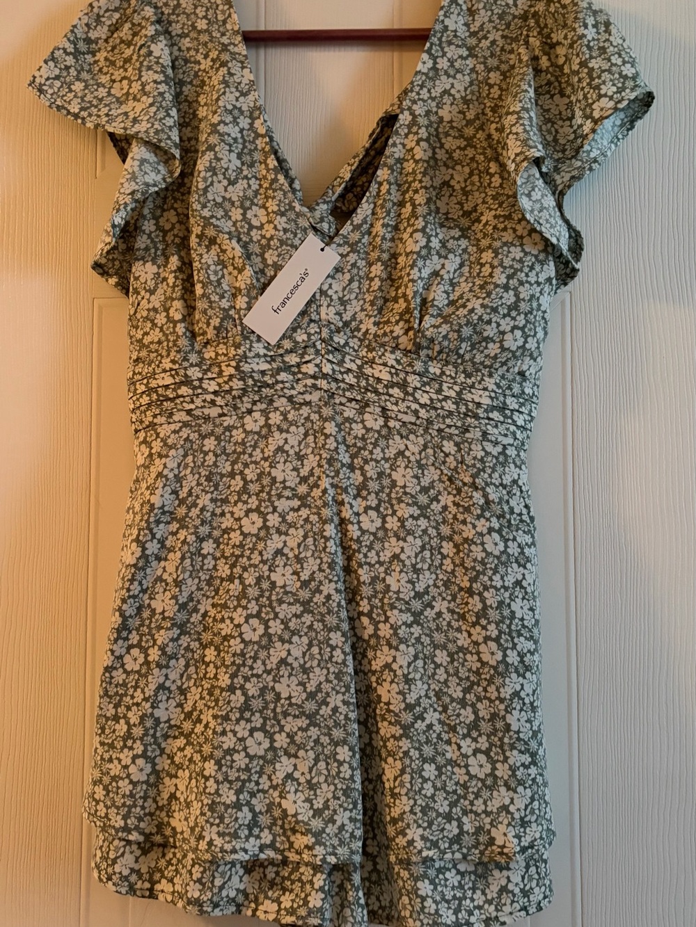 Francesca's Collections sage green floral flutter-sleeve dress romper
